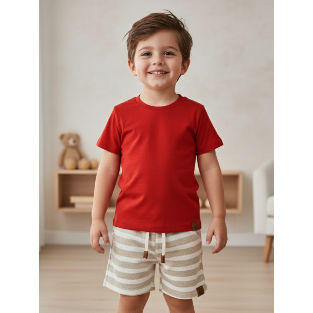 Conjunto Infantil Menino Blusa Vermelha 100% Algodão + Bermuda Listrada Nude Sustentável 2 peças em Oferta na Shopee