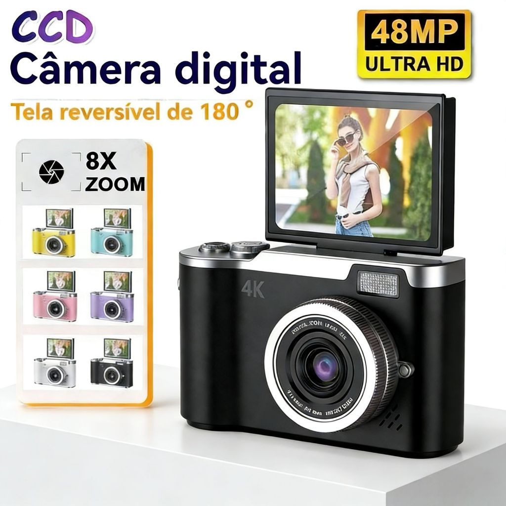 Câmera digital com zoom 4K CCD 8x, adequada para fotografia estudantil, compacta de 48MP, tela flip selfie de 180° em Oferta na Shopee