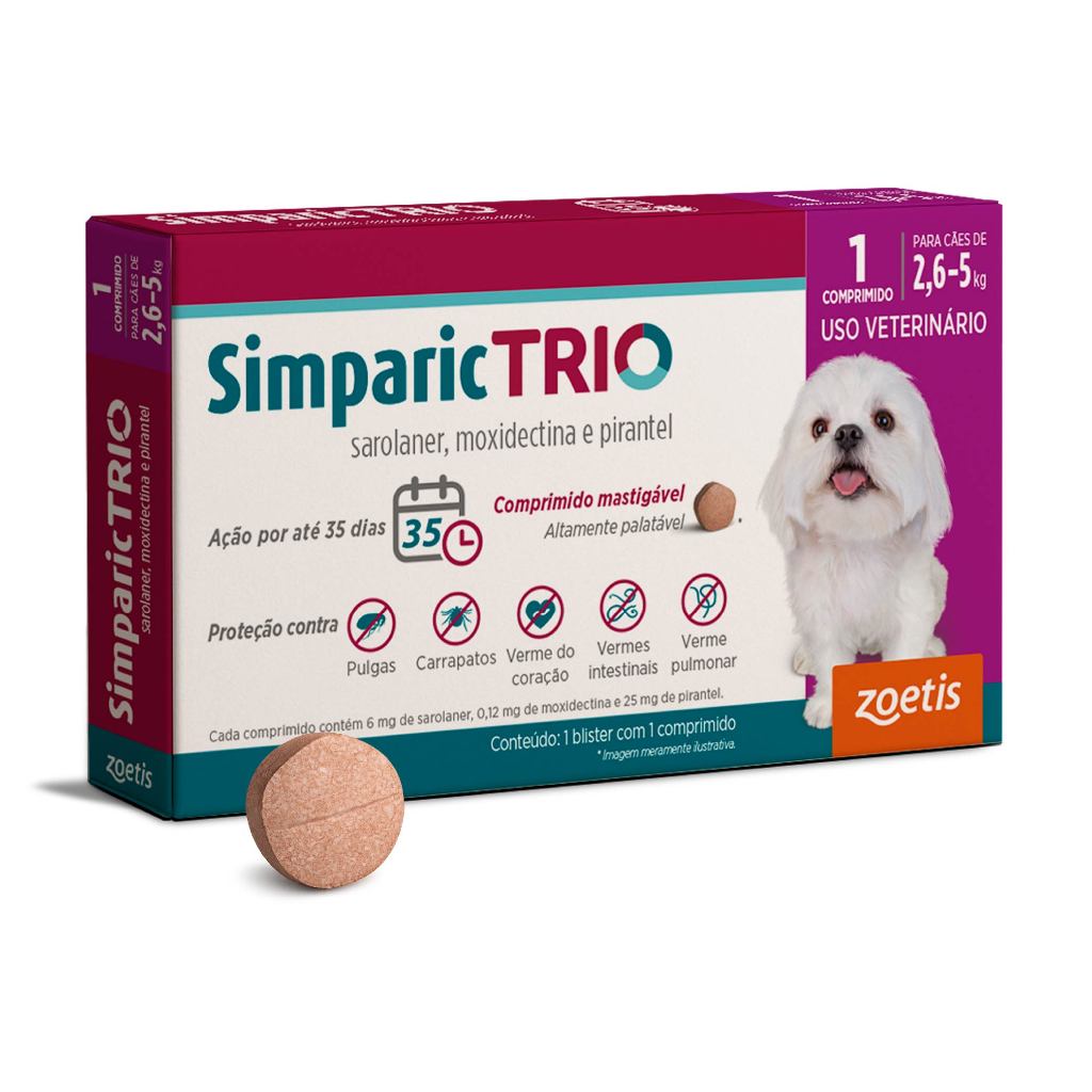 Simparic Trio Antipulgas, Carrapatos e Vermífugo para Cães de 2,6 a 5kg 1 Comprimido 6mg Zoetis em Oferta na Shopee
