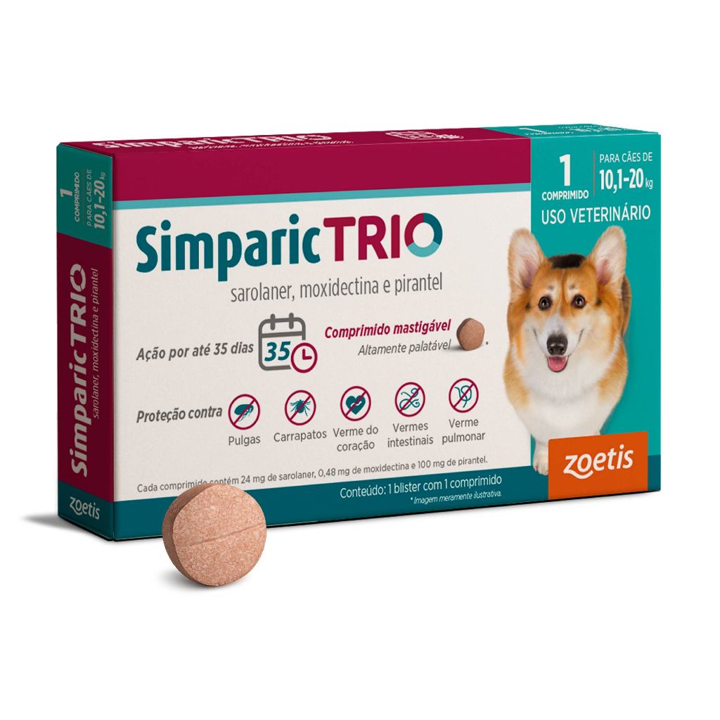 Simparic Trio Antipulgas, Carrapatos e Vermífugo para Cães de 10,1 a 20kg 1 Comprimido 24mg Zoetis