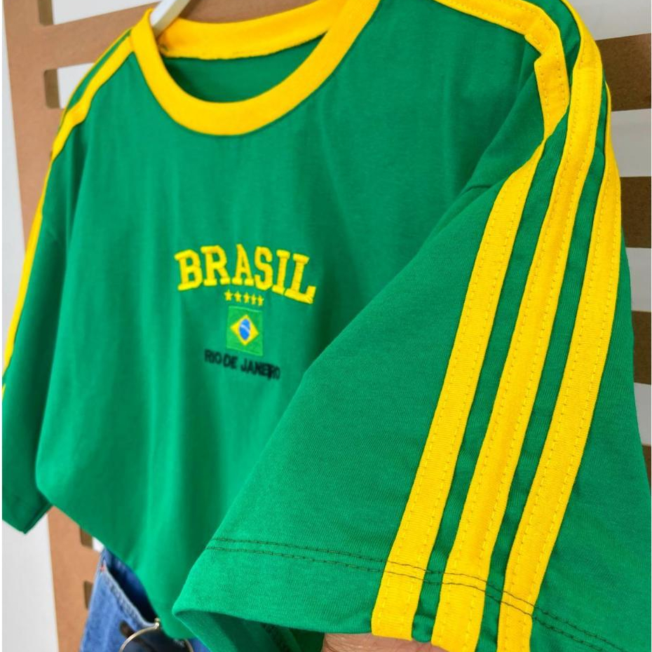 Cropped Oversized Brasil Bordado Bandeira Rio de Janeiro Feminino Copa do Mundo 100% Algodão