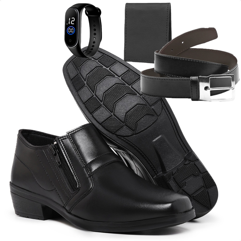 Kit Sapato Social Botinha Masculina Zíper Lateral Preto e Café Com Cinto Carteira e Relógio