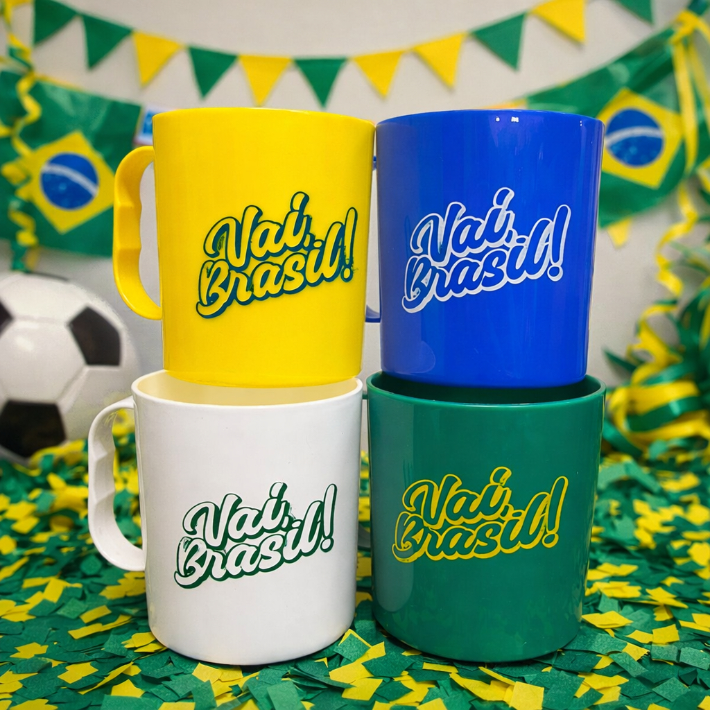 Kit 04 Canecas Coloridas VAI BRASIL! 400ml Plástico  seleção brasileira, copa do mundo
