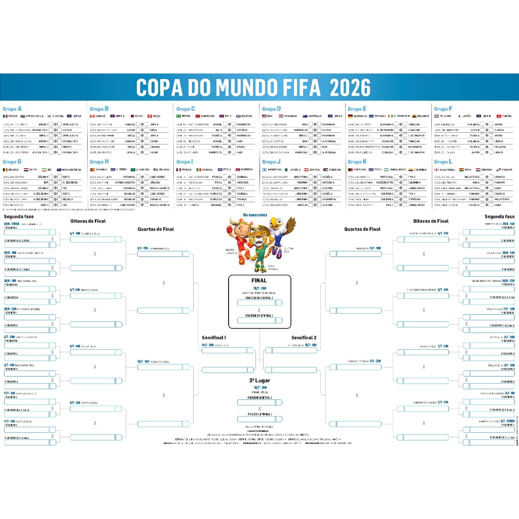Poster 30x40 Copa do Mundo 2026 Chave para anotação de Placares