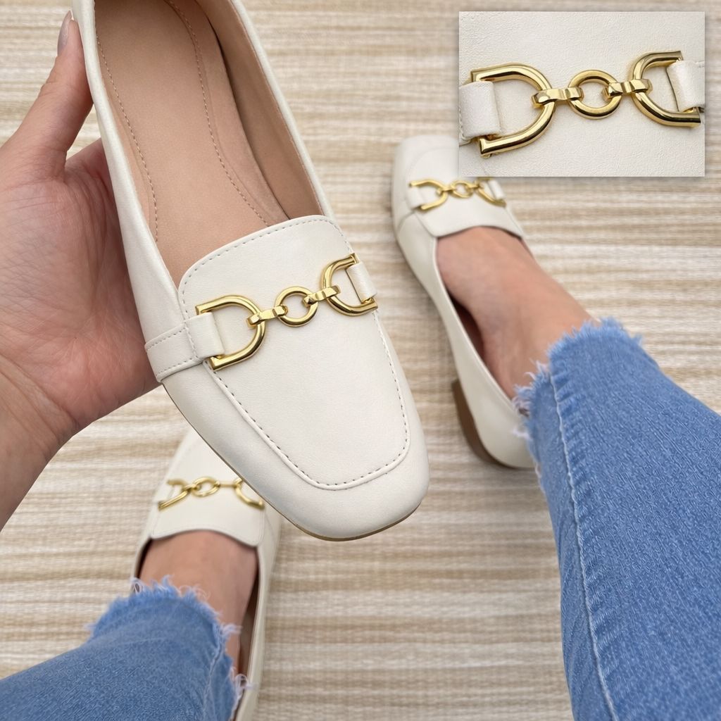 Sapatilha Mocassim Bico Quadrado Feminina Casual Com Enfeite Elegante