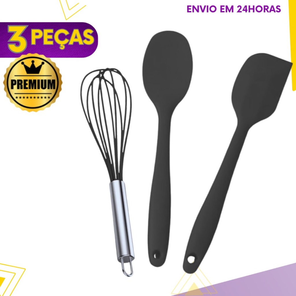 Jogo De Utensílios P/ Cozinha Em Silicone C/ 3 Peças - Não Risca Panela Antiaderente