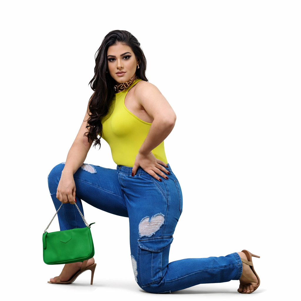 Calça Jeans Feminina Cargo Cintura Alta 100% Algodão | Do 36 ao 44