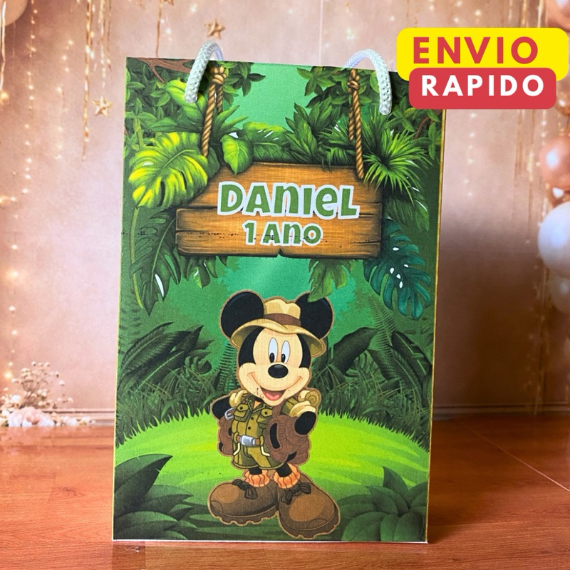 Sacolinha Personalizada Safari do Mickey | Mimo | Lembrancinha | Mickey Safari | Aniversário | Sacolinha de Aniveesario