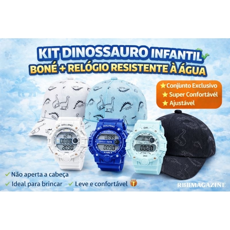 BONÉ INFANTIL DINOSSAURO + RELÓGIO À PROVA D'ÁGUA PRETO, BRANCO E VERDE ÁGUA