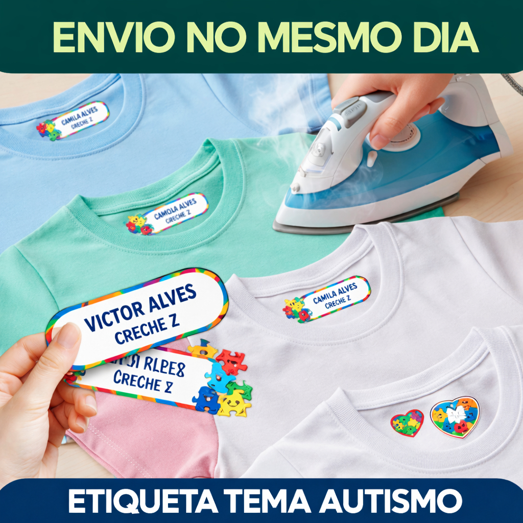 100 Etiquetas Termocolante p/ Roupas | Autismo Infantil Escolar | Símbolo Autismo TEA