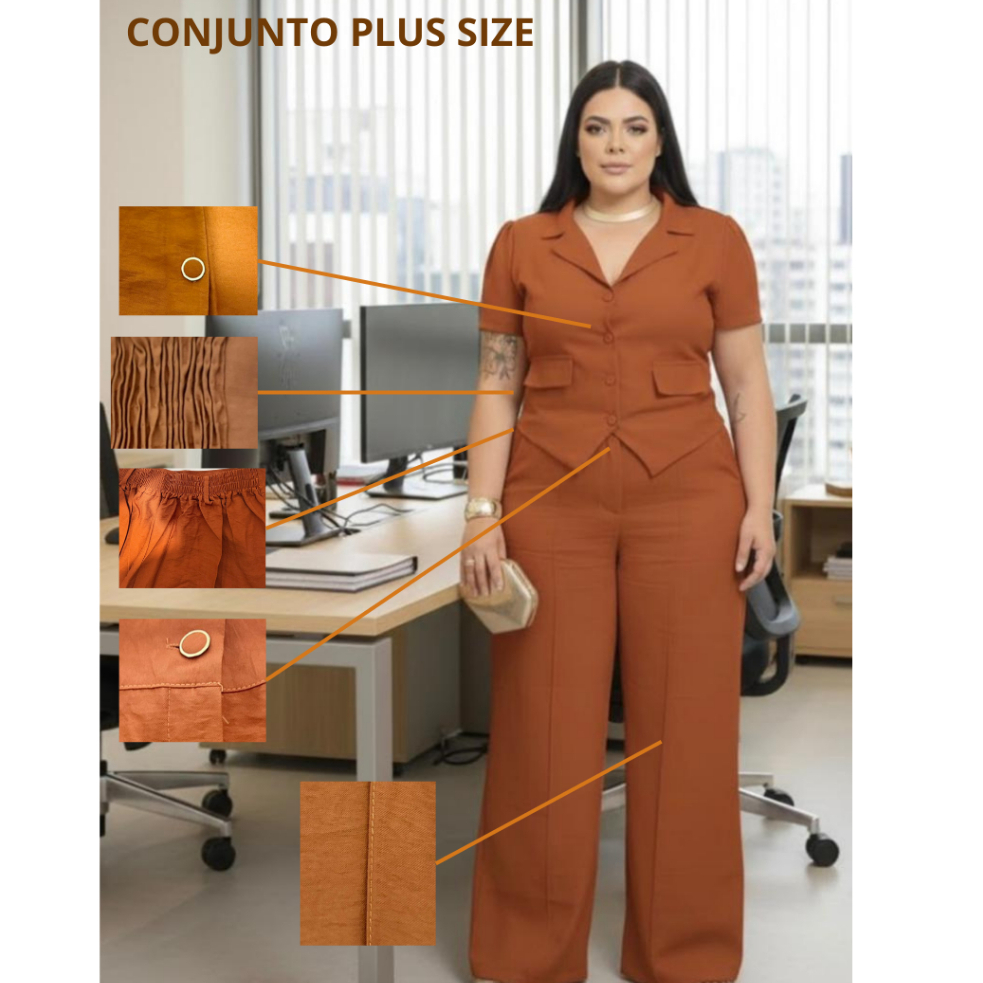 CONJUNTO ELEGANTE PLUS SIZE TECISO CEMSORIAL PANTALONA COLETE COM MANGA BOTÃO NA FRENTE TAMANHO PLUS SIZE em Oferta na Shopee