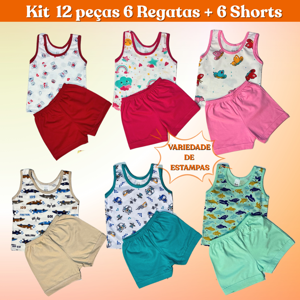Conjunto Infantil Regata Estampada e Short Liso Kit de 6, 3, 2 e 1 conjunto Pijama de bebê em Oferta na Shopee