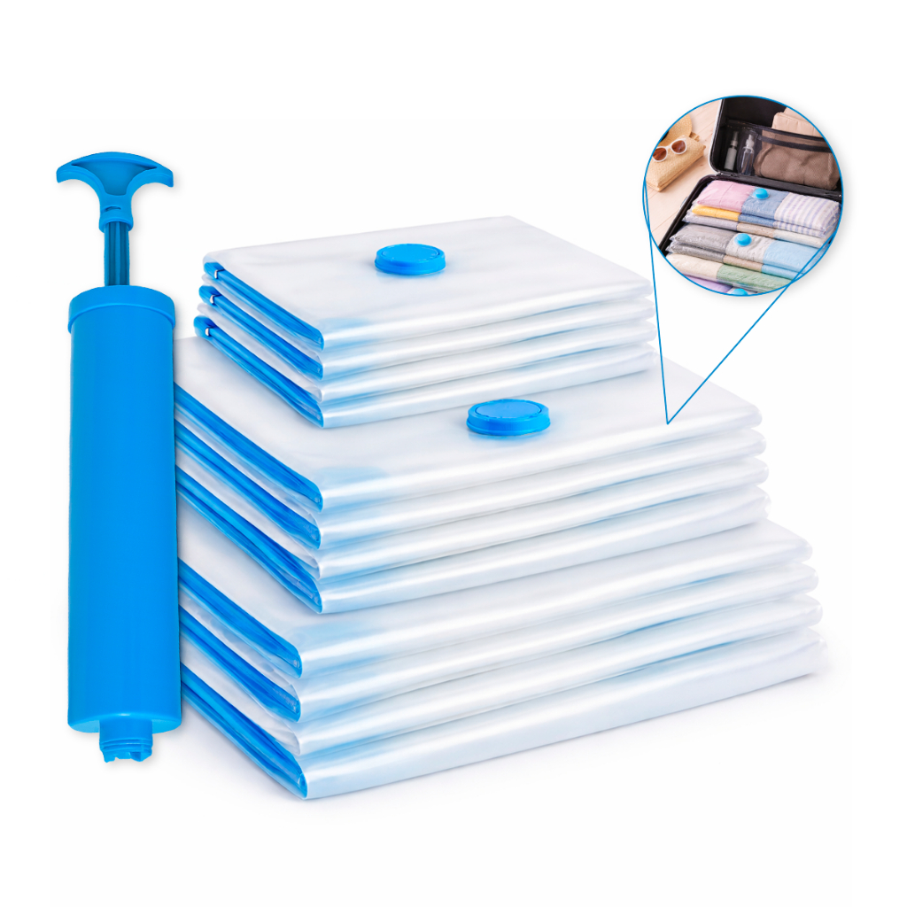 Kit 10 Sacos a Vácuo 50x70 + Bomba Manual Organização de Roupas Mala Viagem Guarda Roupas em Oferta na Shopee
