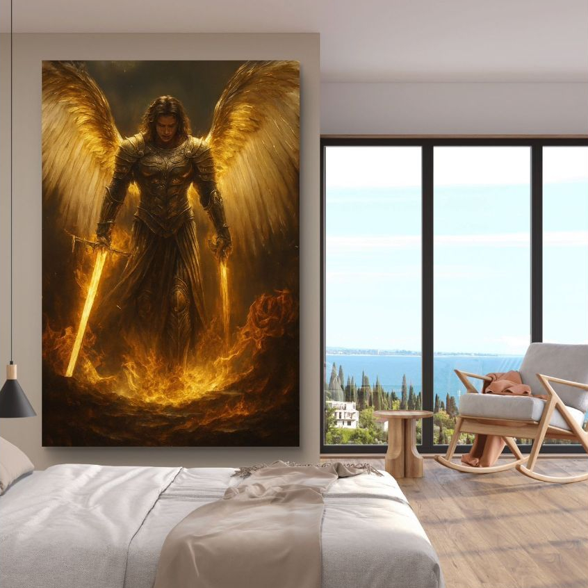 Imagem Quadro Decorativo Arcanjo Miguel MDF 110x80 Fé Proteção Luz Espiritual