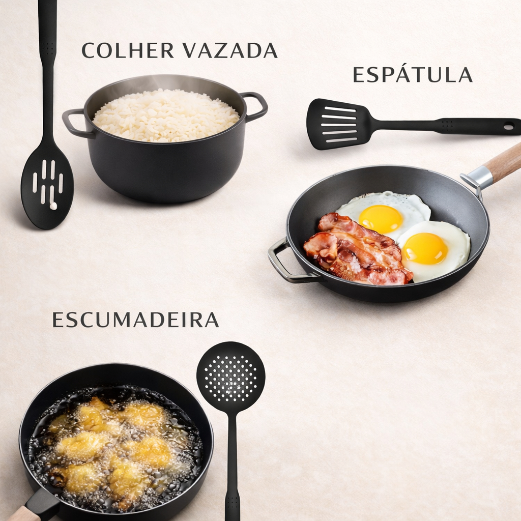 Kit 6 em 1 Utensílios de Cozinha Resistente Colher Concha Espátula Pegador Prático Comidas
