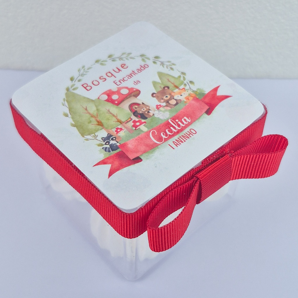 Caixa acrílica - Bosque  Encantado Vermelho - Lembrancinha para aniversário - Caixinha Personalizada