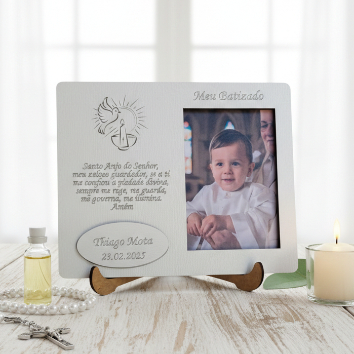 Kit 20 Mini Porta Retrato Batismo oração santo anjo em mdf branco com suporte