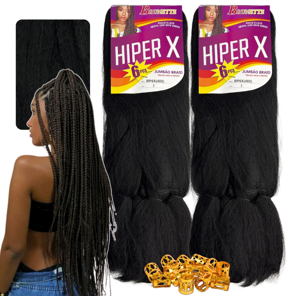 Kit 2 Cabelo Jumbo Jumbão Box Braid Hiper X 400gr Kanekalon + Anéis
