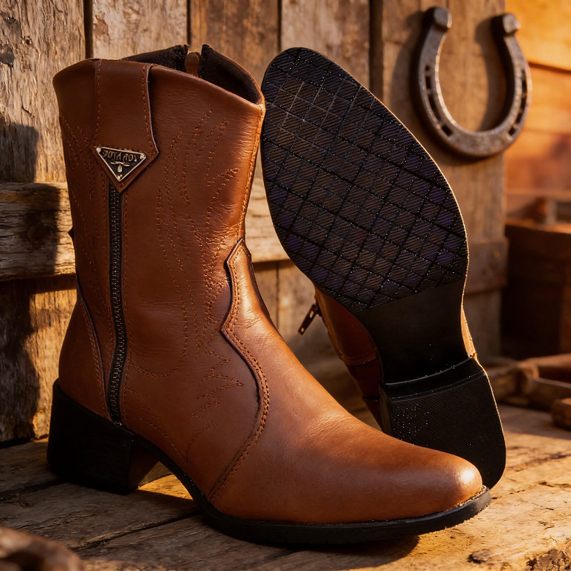 Bota Feminina Cano Médio Caramelo Country com Zíper Lateral Salto Bloco – Moderna, Elegante e Confortável