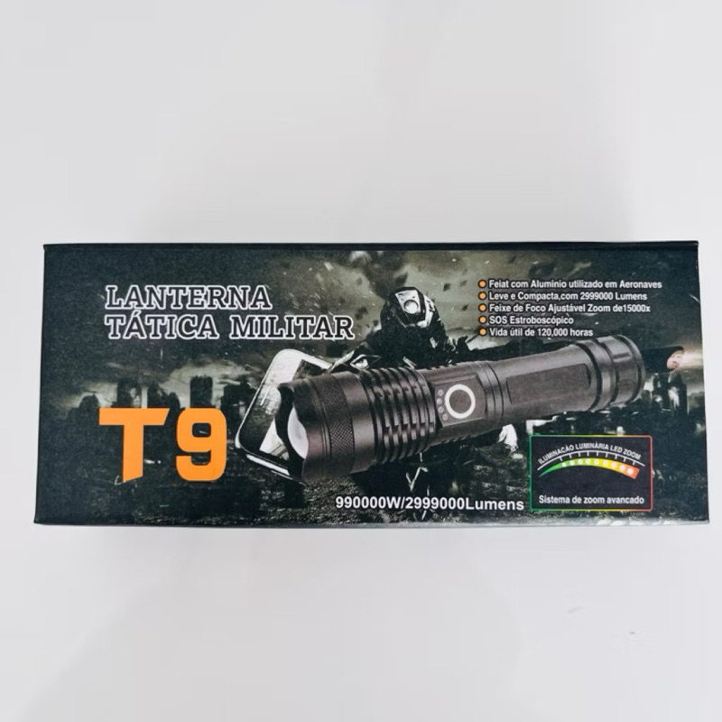 Lanterna Tática Militar LED T9 - Potência e Durabilidade com Zoom e 5 Modos de Funcionamento em Oferta na Shopee