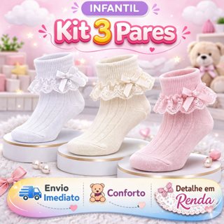 Kit 3 Pares Meia Infantil Menina Bebê Festa Com Renda Macia e Delicada em Oferta na Shopee