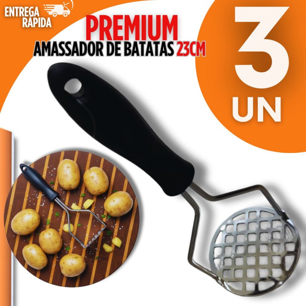 Kit 03 Amassador Espremedor de Batata Inox Manual Resistente com Pressão Rápida Utilidades Premium