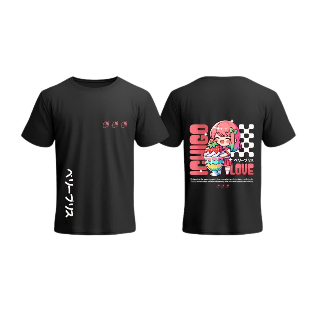 Camisa Feminina Anime Ichigo Sunday Morango Camiseta Estampada Frente Verso Colecionavel Estilo Urbano