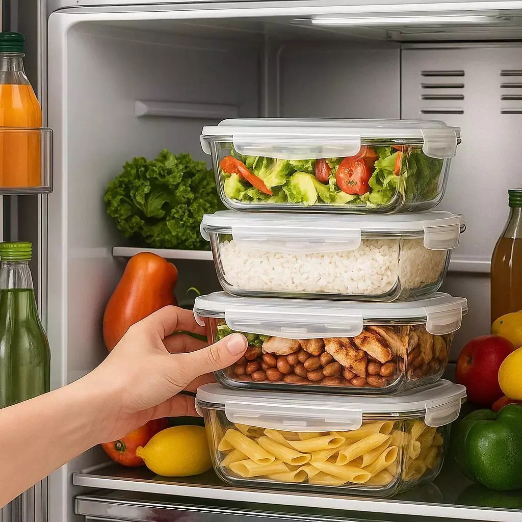 Conjunto 4 Potes Vidro Hermético Premium Mantimento Marmita 640ml Fitness Retangular Tampa Com Trava