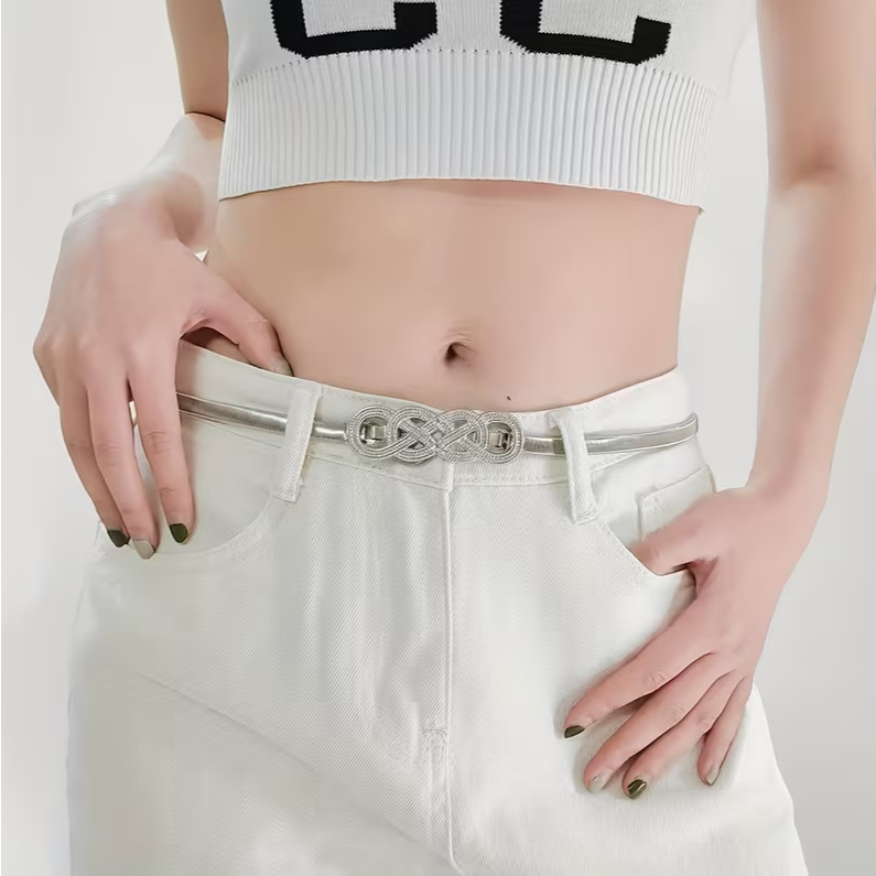 Cinto De Metal Tira Elástica Prateado Fino Para Vestido Fivela Com Strass HL-23