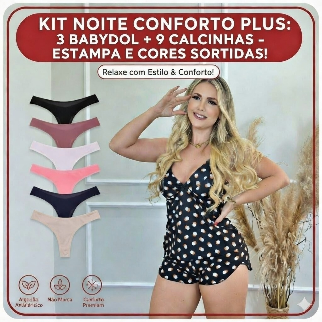 3 Baby Doll Liganete + 9 Calcinha Básica Fio Estampas e Cor Sortidas - Kit Noite Conforto Econômico