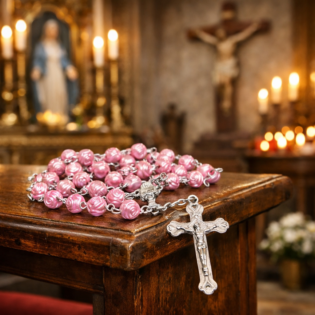 Terço Rosário Católico Colar Com Contas rosa Terço Crisma Terço primeira comunhão Lindo terço em Oferta na Shopee