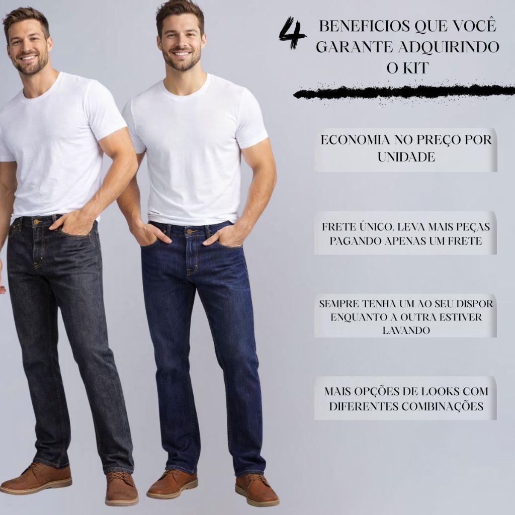 Kit 2 Calça Jeans Masculina Tradicional 100% Algodão Reta Plus Size Resistente