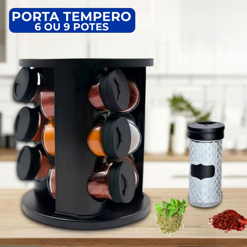 Porta Temperos Giratório 6 ou 9 Potes Vidro 90g Tampa Dosadora Etiquetas Adesiva Organizador Cozinha em Oferta na Shopee