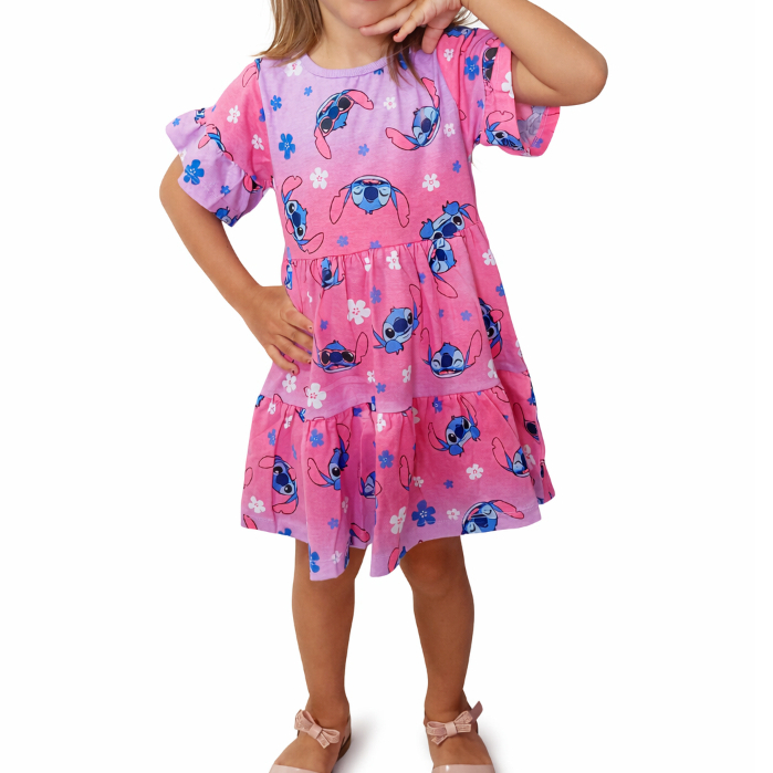 Vestido Infantil Feminino Disney Rosa 100% Algodão Verão Roupa de Menina Confortável