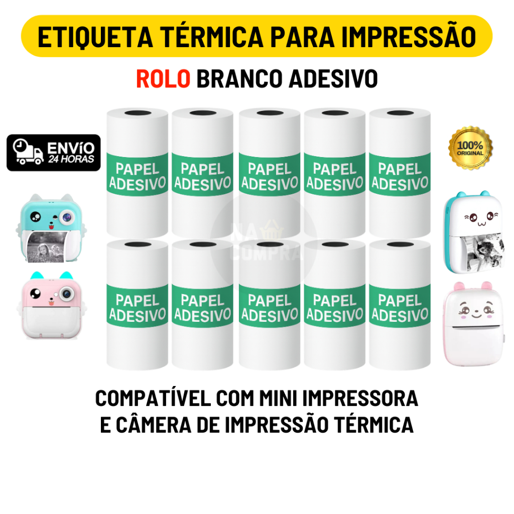 Imagem Rolo Etiqueta Térmica Adesiva Branco 57mm Refil Bobina Para Mini Impressora Portátil e Maquina Fotográfica