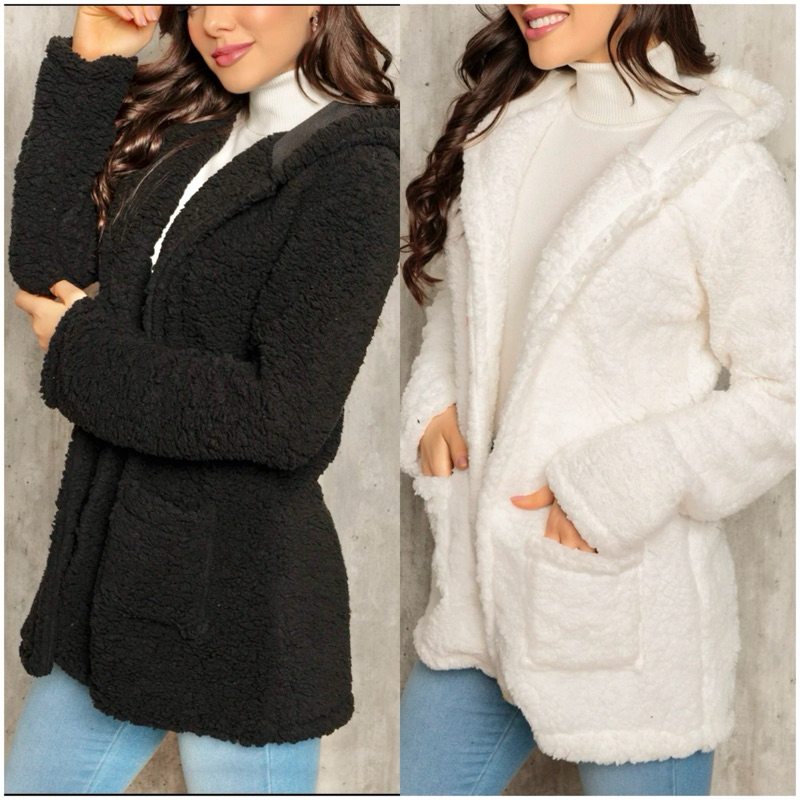 Blusa Casaco Pelinhos Sobretudo Teddy Com Capuz Bolsos Laterais Inverno Jaqueta Capuz Feminina Manga Longa