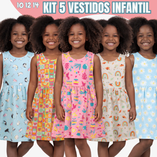Kit 5 Vestido Infantil Verão Menina Estampado Personagem  100% Algodão Fresco Rodado  Festa 10 12 14 em Oferta na Shopee