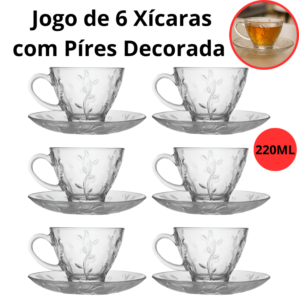 Jogo de Xícara com Pires 12 Peças Cafe e Cha Lily Transparente Vidro 220ml Decorada Luxo em Oferta na Shopee