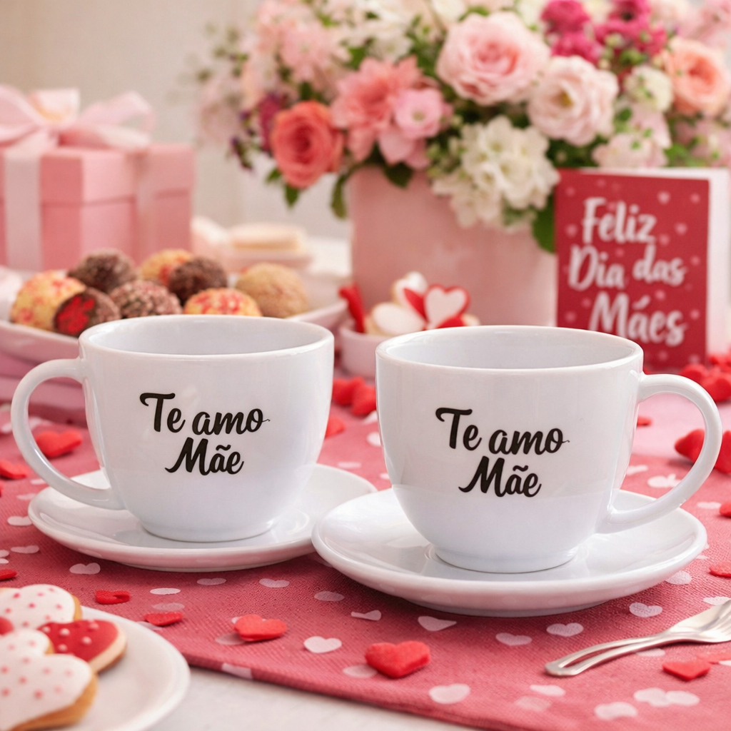 Kit 12 Peças 6 Xícara + 6 Pires Branco 200ml peças em ACRÍLICO {Te Amo Mãe} Café Chá comemoração em Oferta na Shopee