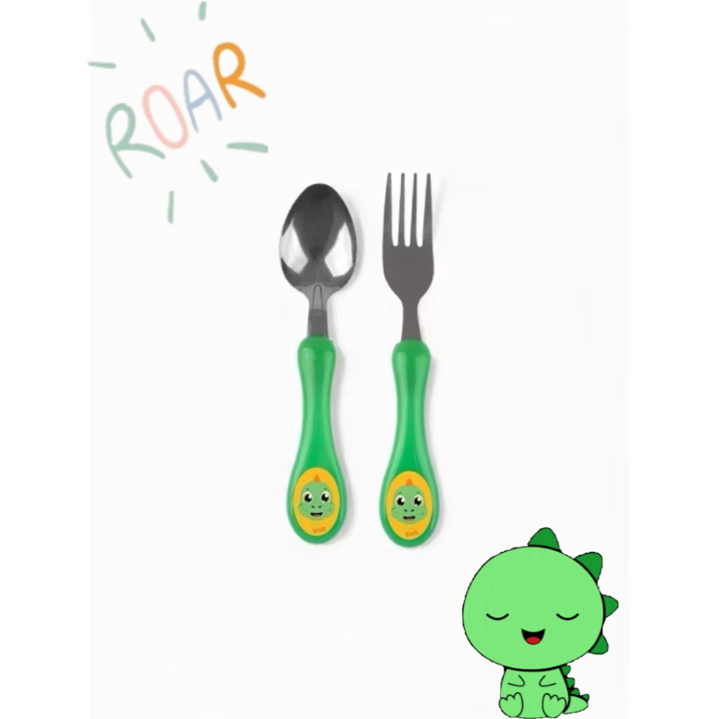 Conjunto de Talher Infantil Garfo Colher Inox Para Alimentação Infantil Bebê Personagem Dinossauro