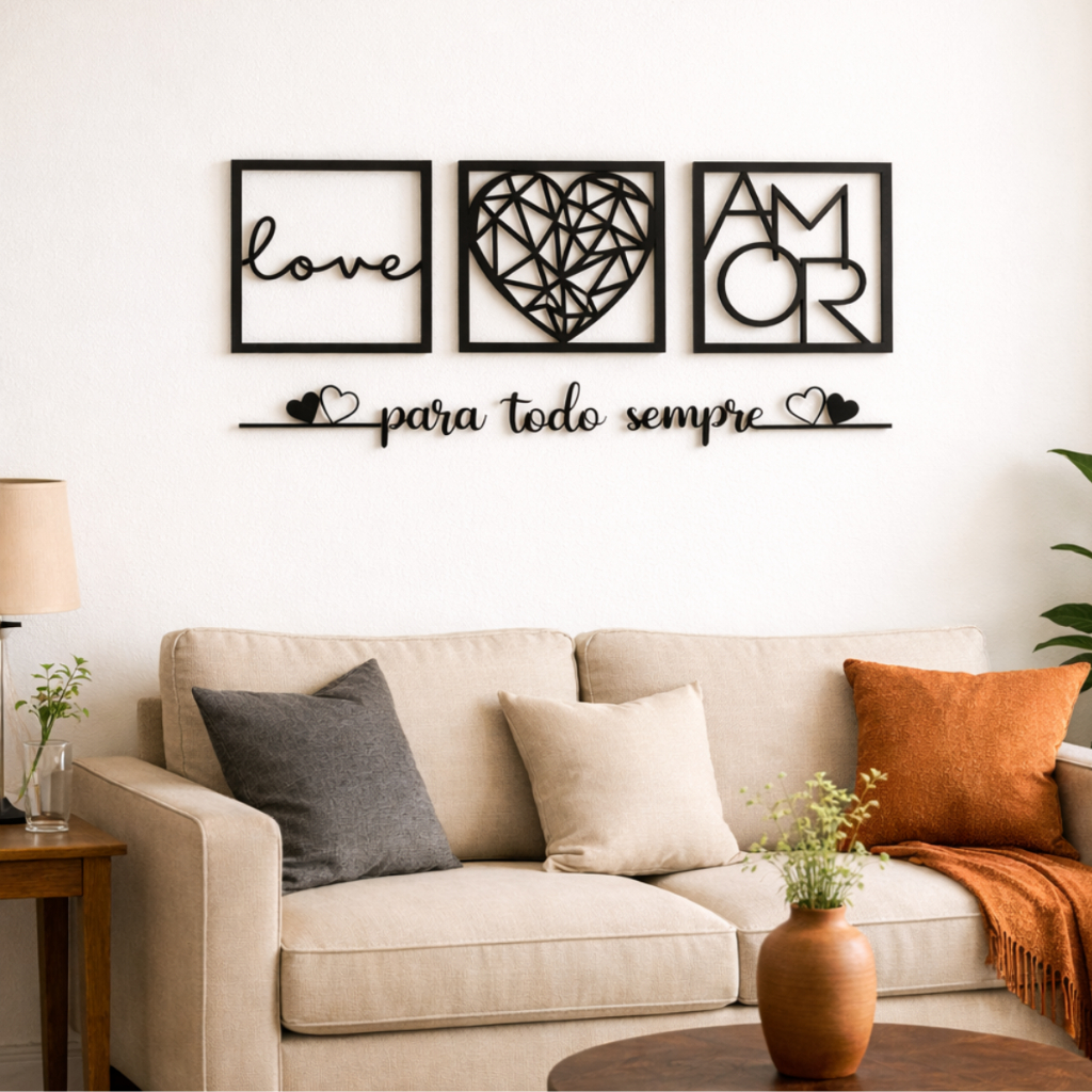 Kit 3 Quadros Love Amor Coração Geométrico + Frase Para Todo Sempre Dois Corações cabeceira decorativo de parede em Mdf