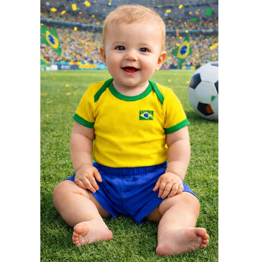 Body Bebê Brasil Copa do Mundo Amarelo com Bandeira + Shorts Azul | Conjunto Bebê | Flor de Maçã em Oferta na Shopee