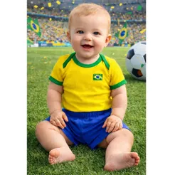 Body Bebê Brasil Copa do Mundo Amarelo com Bandeira + Shorts Azul | Conjunto Bebê | Flor de Maçã