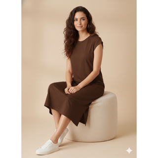 Vestido Midi Mangas Muscle tee com bolso e fendas laterais de viscoLycra - Conforto e Elegância 1148 em Oferta na Shopee