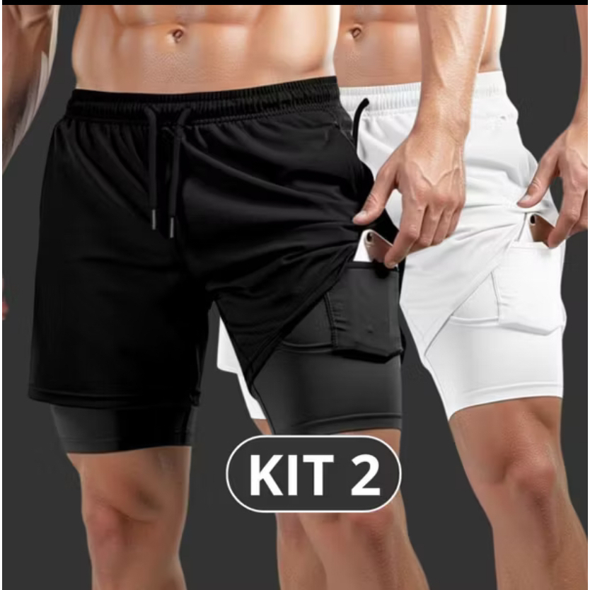 KIT 2 SHORTS MASCULINO 2 EM 1 PARA ACDEMIA CORRIDA TREINO FUTBOL !SECAGEM RAPIDA