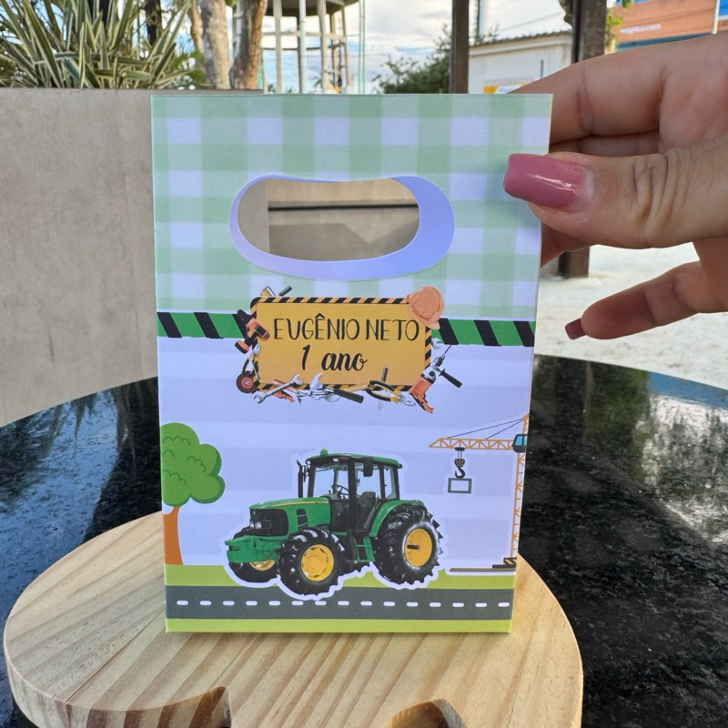 sacolinha personalizada trator verde - PEGUE E MONTE - festa infantil - lembrancinha