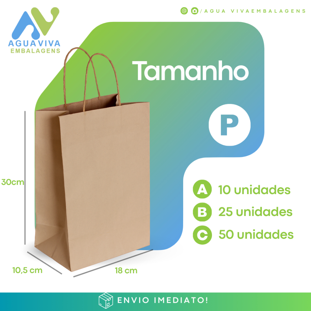 Sacolas De Papel Kraft Tamanho P (30x18x10,5)  10, 25 ou 50 unidades - Escolha em Oferta na Shopee