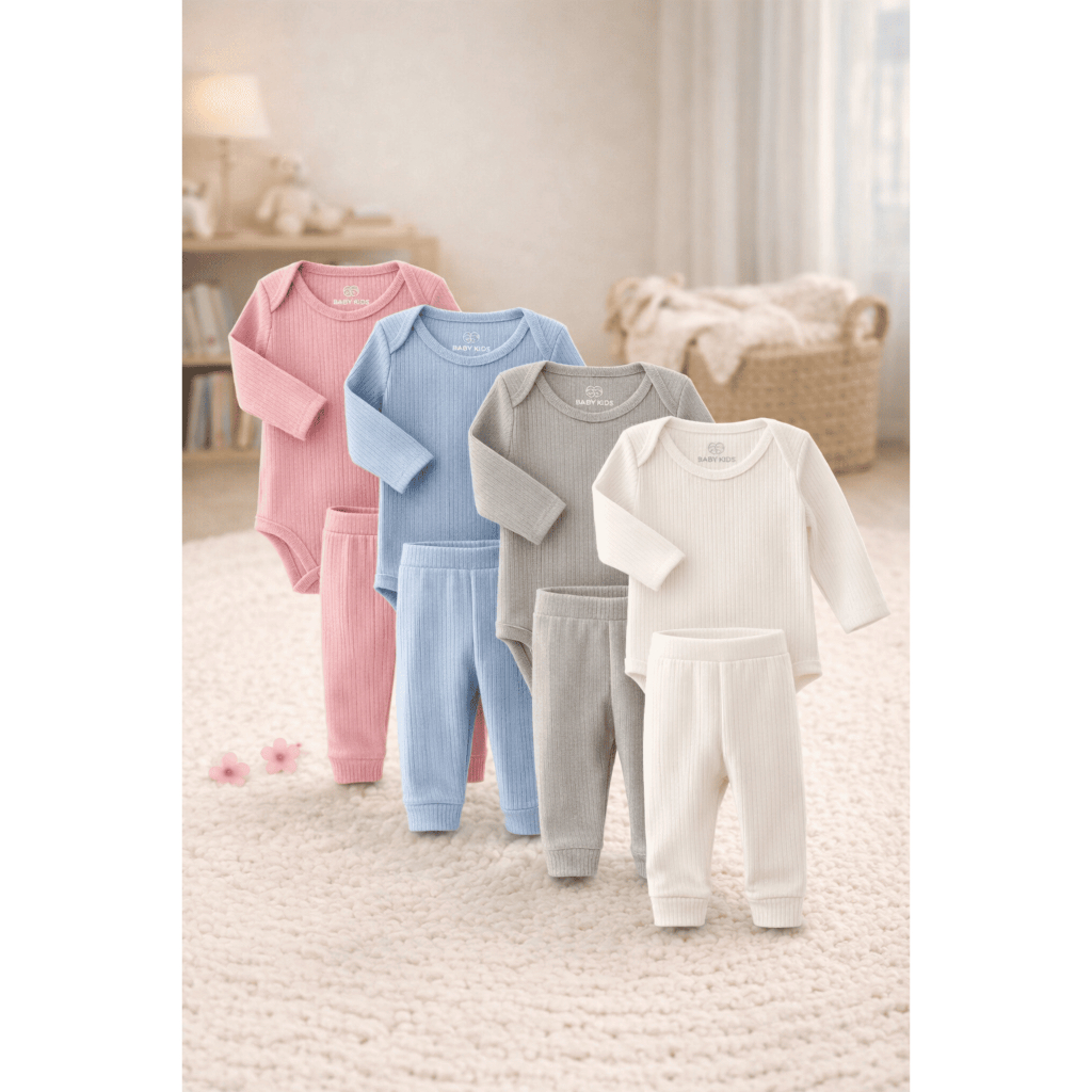 Kit 6 Peças Conjunto Body Manga Longa Canelado + Mijão Liso Canelado 100% Algodão Bebê Infantil RN