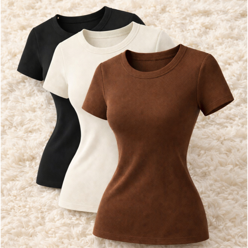 Camiseta Blusa Feminina Estilosa Ribana Canelado Básica Casual Baby Tee