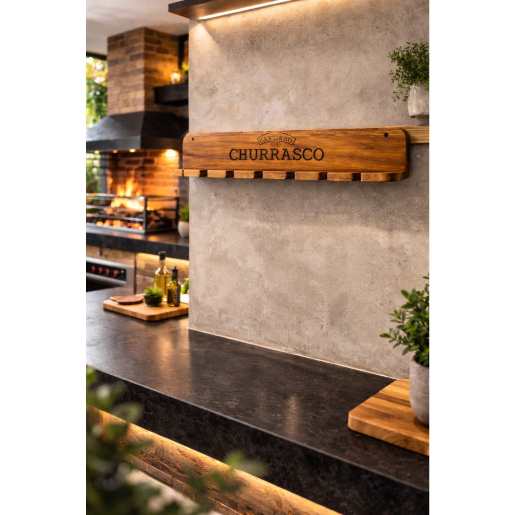 Porta Espetos Cantinho do Churrasco em Madeira Teca – Suporte Decorativo para Parede,Rustico